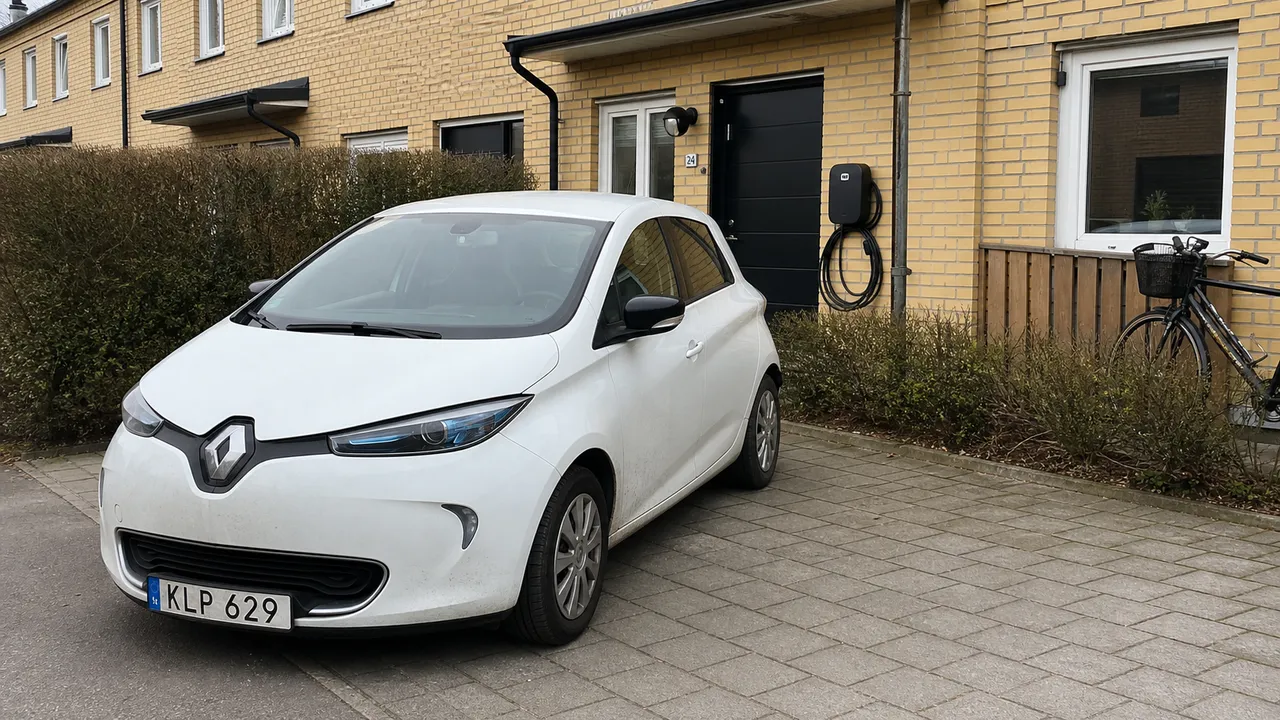 Vit Renault Zoe parkerad framför ett gult tegelradhus med laddbox på fasaden.