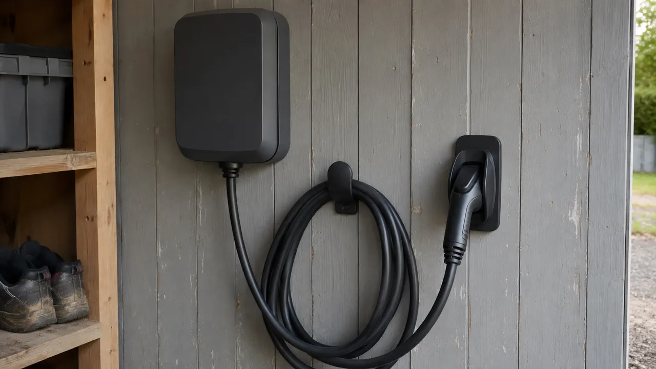 Svart laddbox med fast kabel, kabelhållare och kontakt i vägghållare på en grå trävägg.