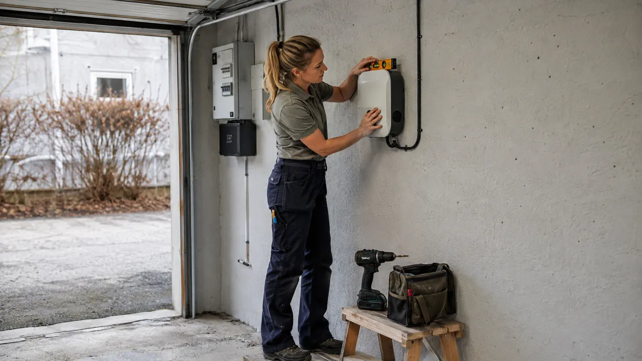 Elektriker kontrollerar en monterad laddbox med vattenpass i ett garage.