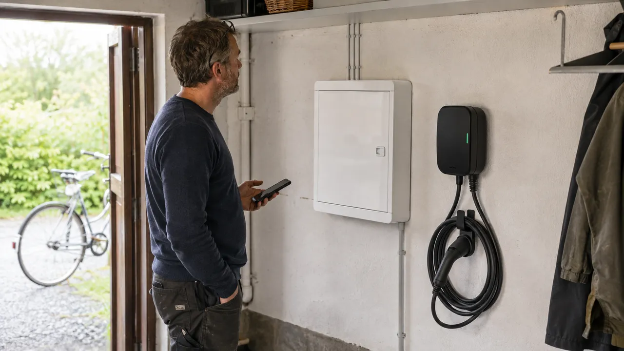Villaägare med mobiltelefon vid en stängd elcentral och laddbox i garaget.