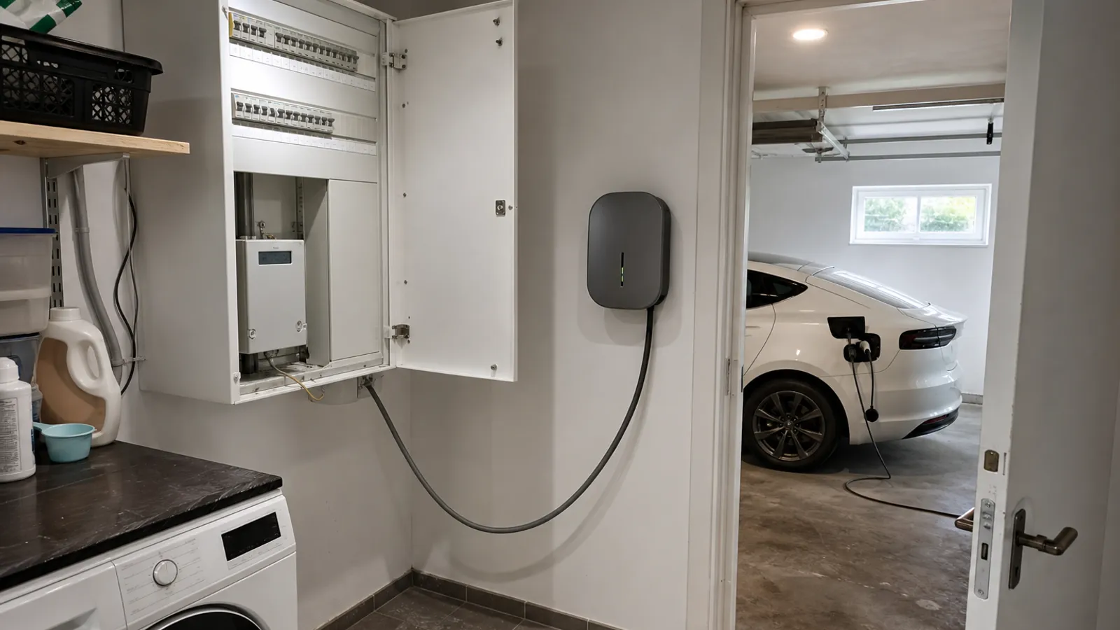 Elcentral och laddbox i en tvättstuga med elbil på laddning i garaget