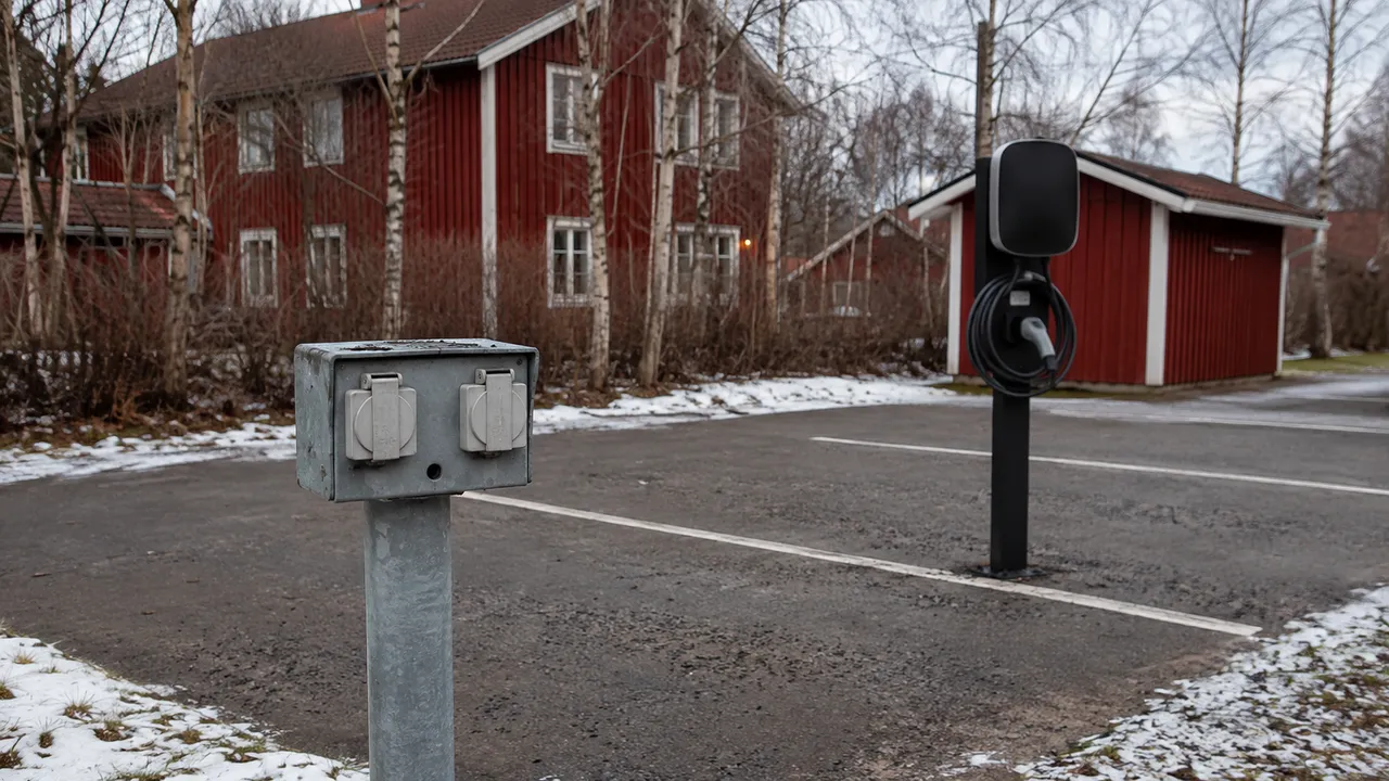 Separat motorvärmarstolpe och laddstolpe på en parkering med snö längs kanterna.