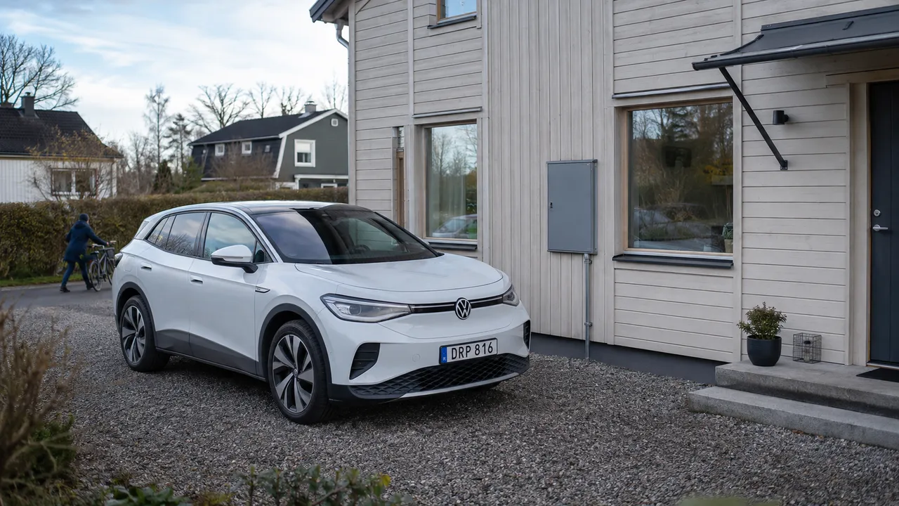 Vit elbil parkerad vid ett ljust trähus med elskåp på fasaden.