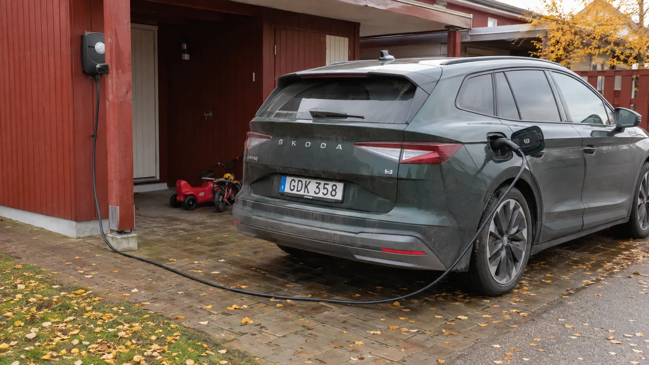 Grön Skoda Enyaq laddas vid en röd carport med höstlöv på uppfarten.
