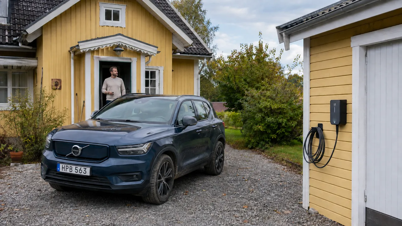 Blå bil på grusuppfarten vid en gul trävilla med laddbox på garageväggen.