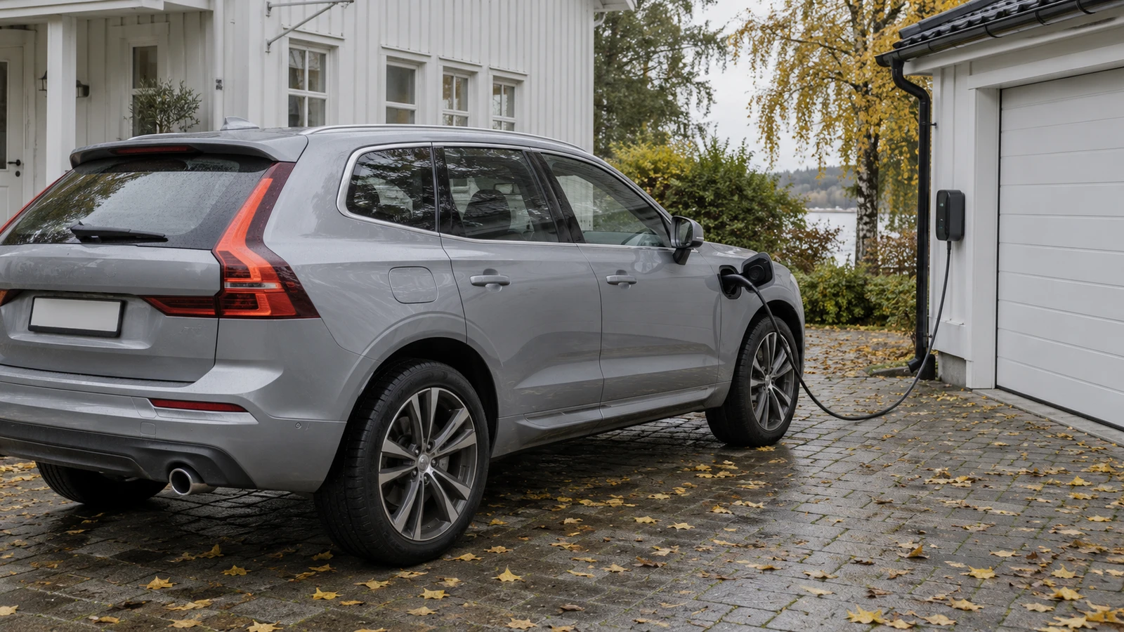 Ljusgrå laddhybrid på en stenlagd uppfart vid en vit villa en mulen höstmorgon, med laddkabeln dragen från laddboxen på garageväggen till laddluckan i framskärmen.