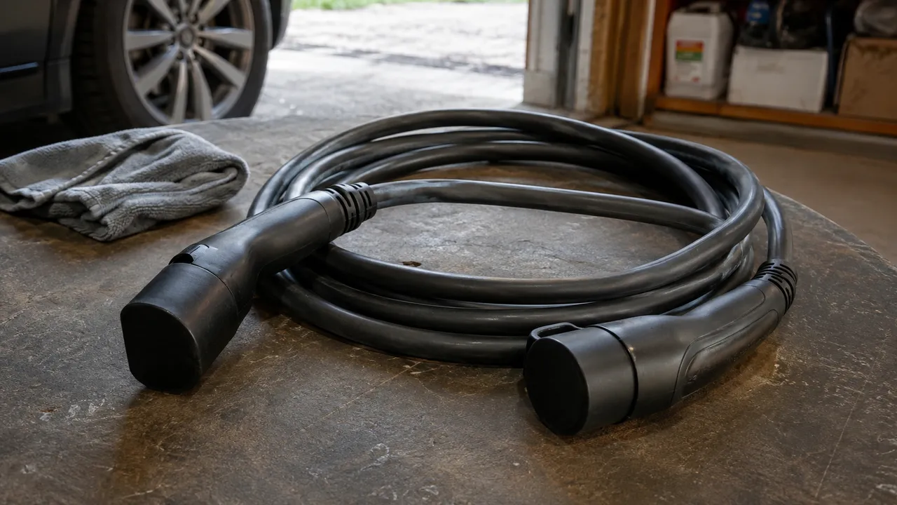 Hopringlad laddkabel med skyddade kontakter på en arbetsbänk i garaget.