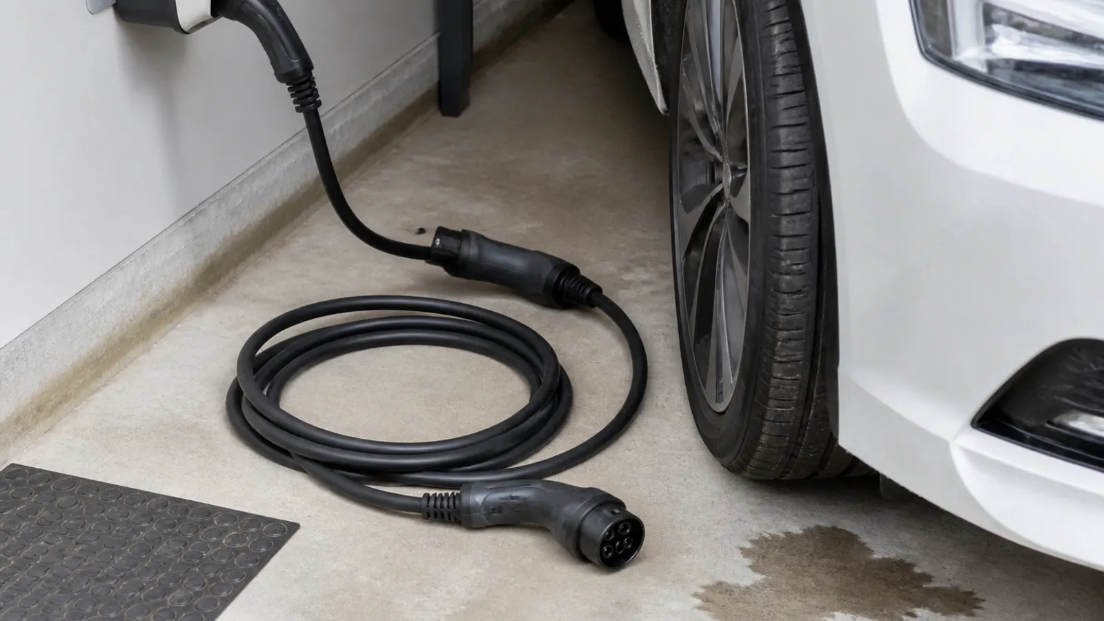 Laddkabel till elbil hoprullad på garagegolvet bredvid bilens hjul