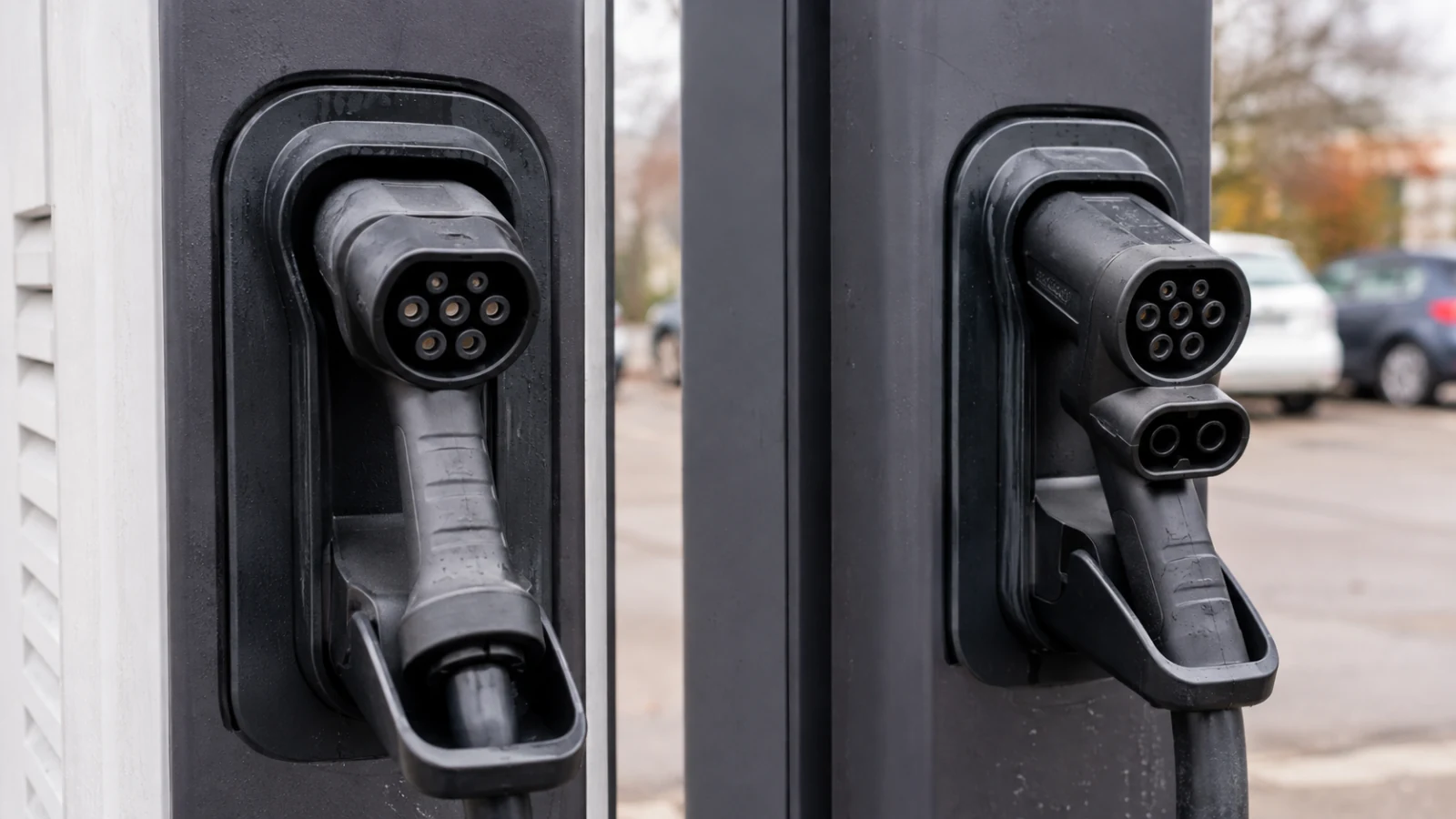 Type 2- och CCS-kontakter i hållare vid en laddstation