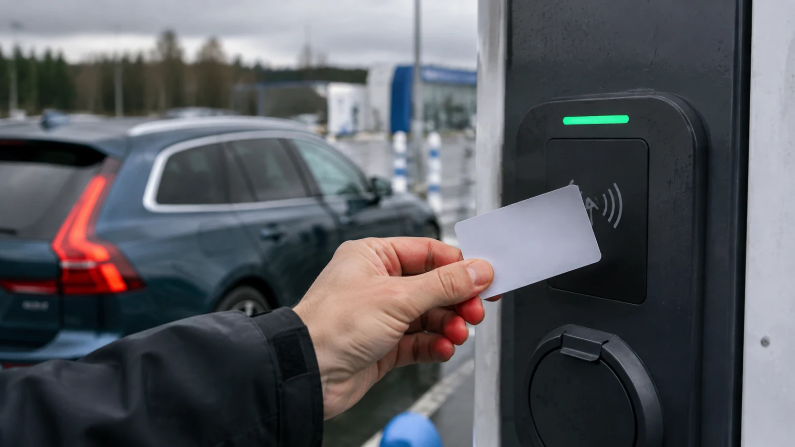 Hand håller ett laddkort framför en offentlig elbilsladdare