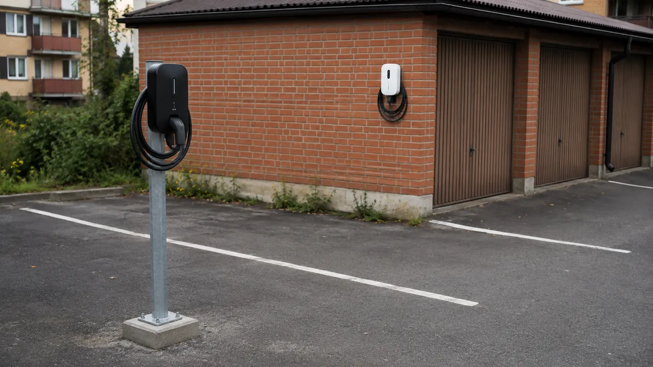 Laddbox på en fristående stolpe framför en tegelfasad med en väggmonterad laddbox.