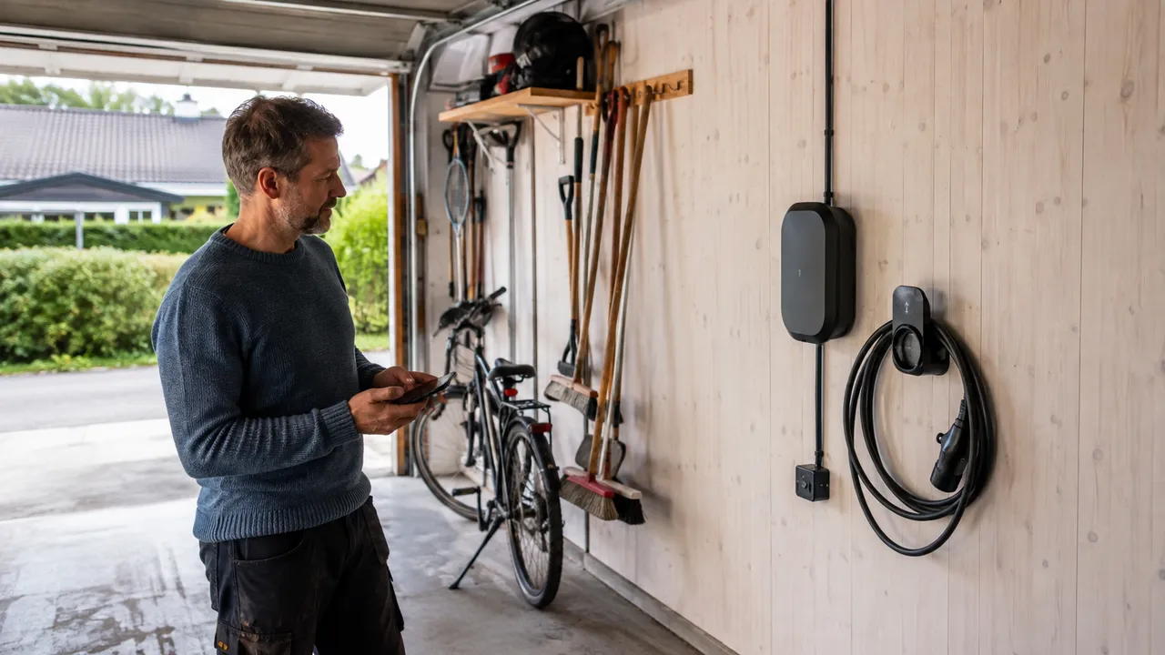 Villaägare med mobiltelefon vid en laddbox och upphängd laddkabel i garaget.