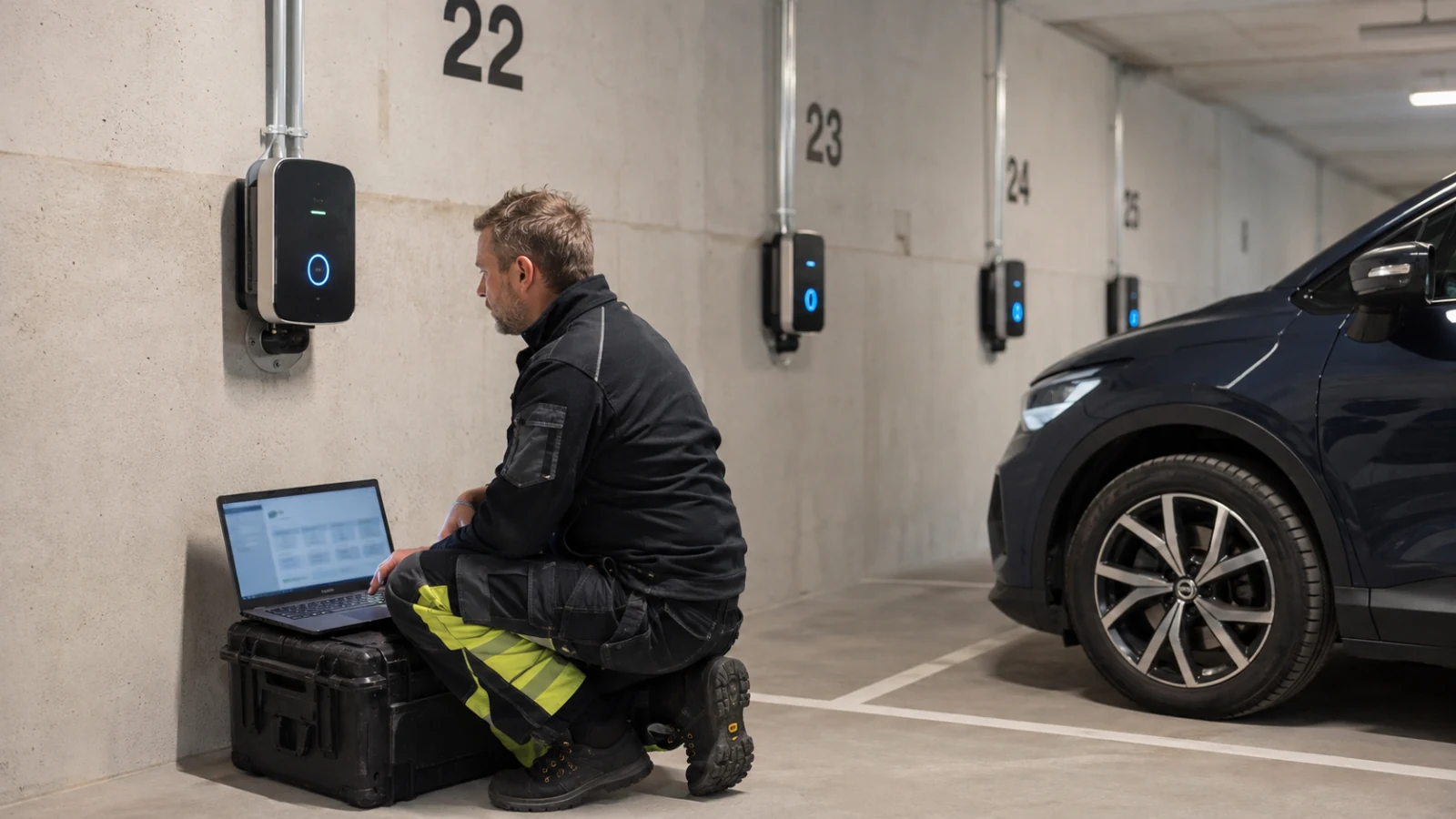Tekniker driftsätter uppkopplade laddboxar i ett garage