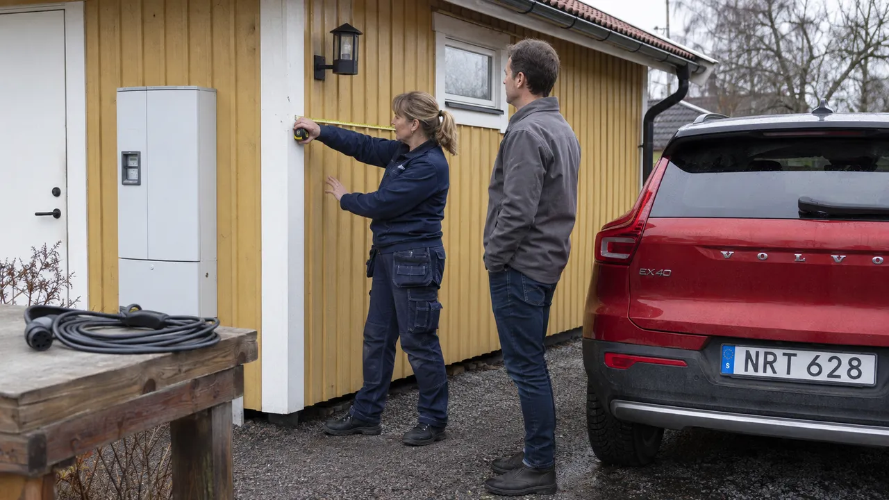 Elektriker och villaägare planerar laddboxens placering vid ett garage