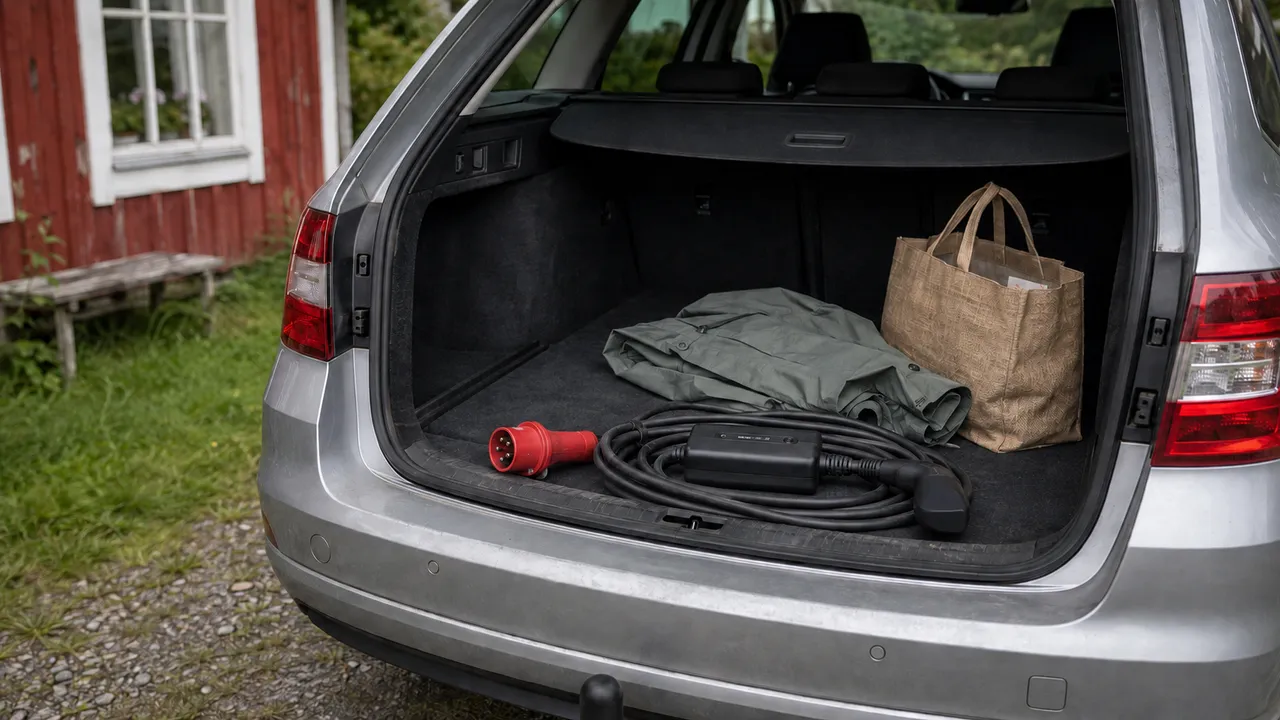 Portabel laddare och laddkabel i en bils öppna bagageutrymme vid en sommarstuga
