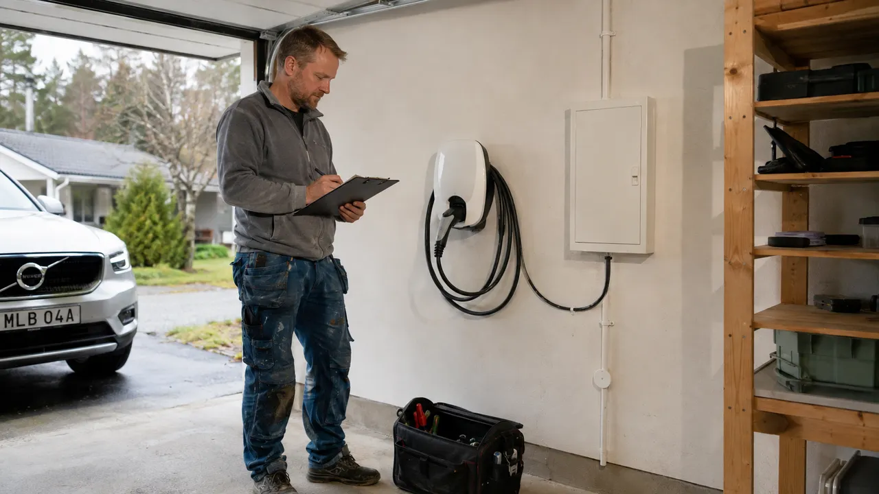 Elektriker dokumenterar en färdig laddboxinstallation i ett garage