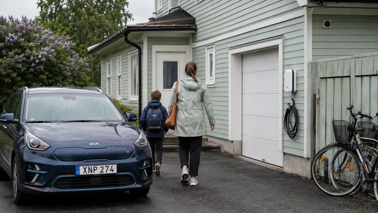 Familj vid en parkerad elbil och en laddbox med upphängd kabel