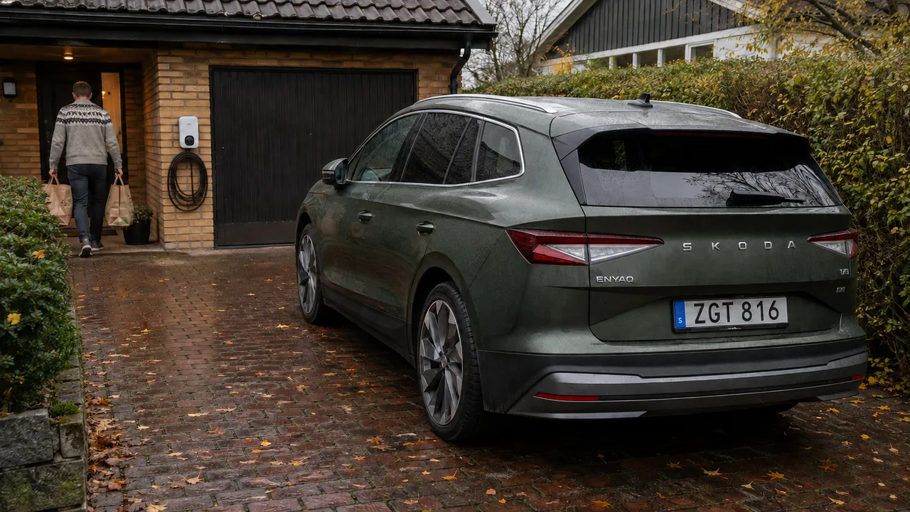 Grön Škoda Enyaq parkerad vid ett radhus med laddbox och upphängd kabel