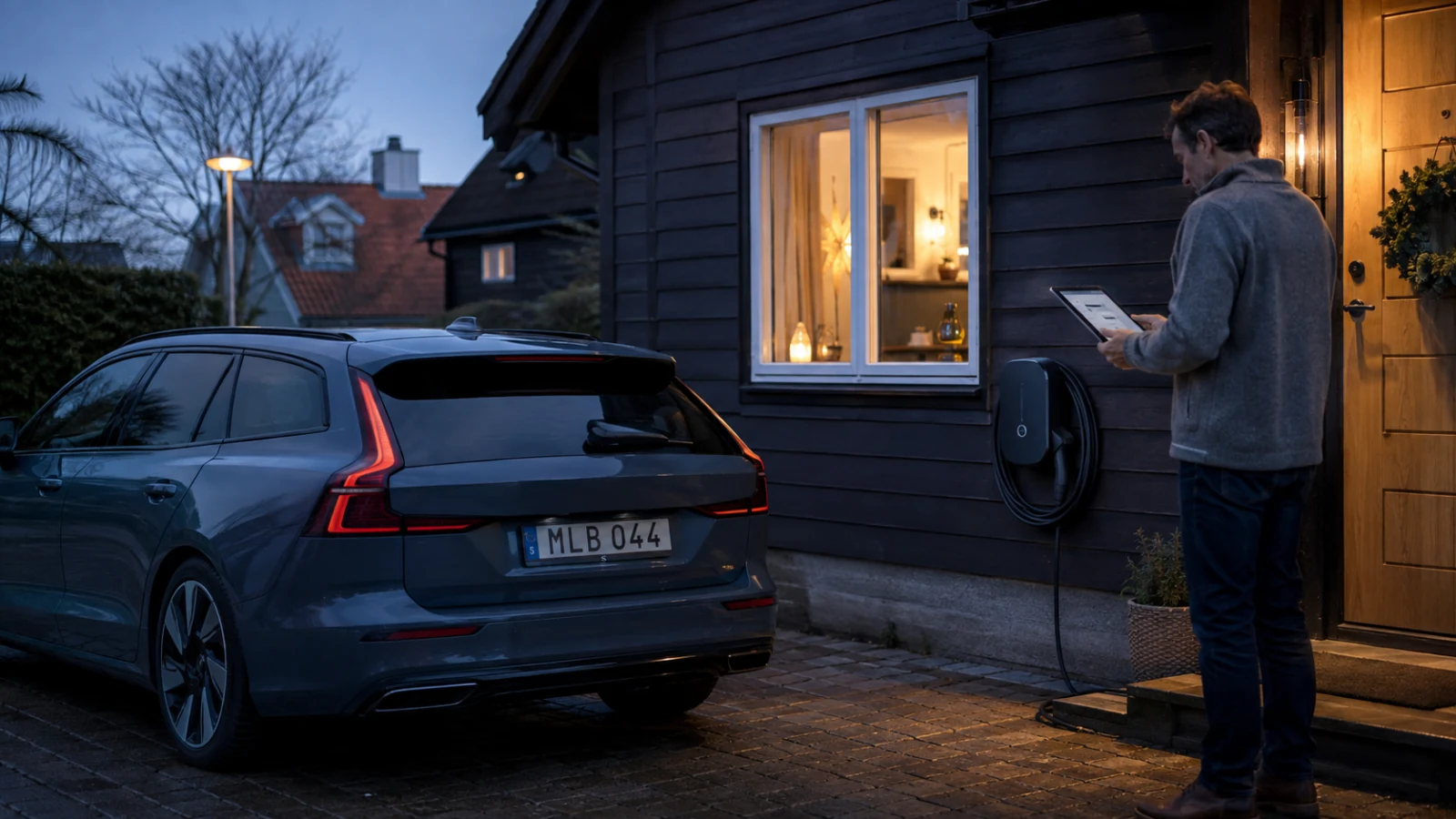 Bilägare ställer in smart hemmaladdning vid elbil och laddbox