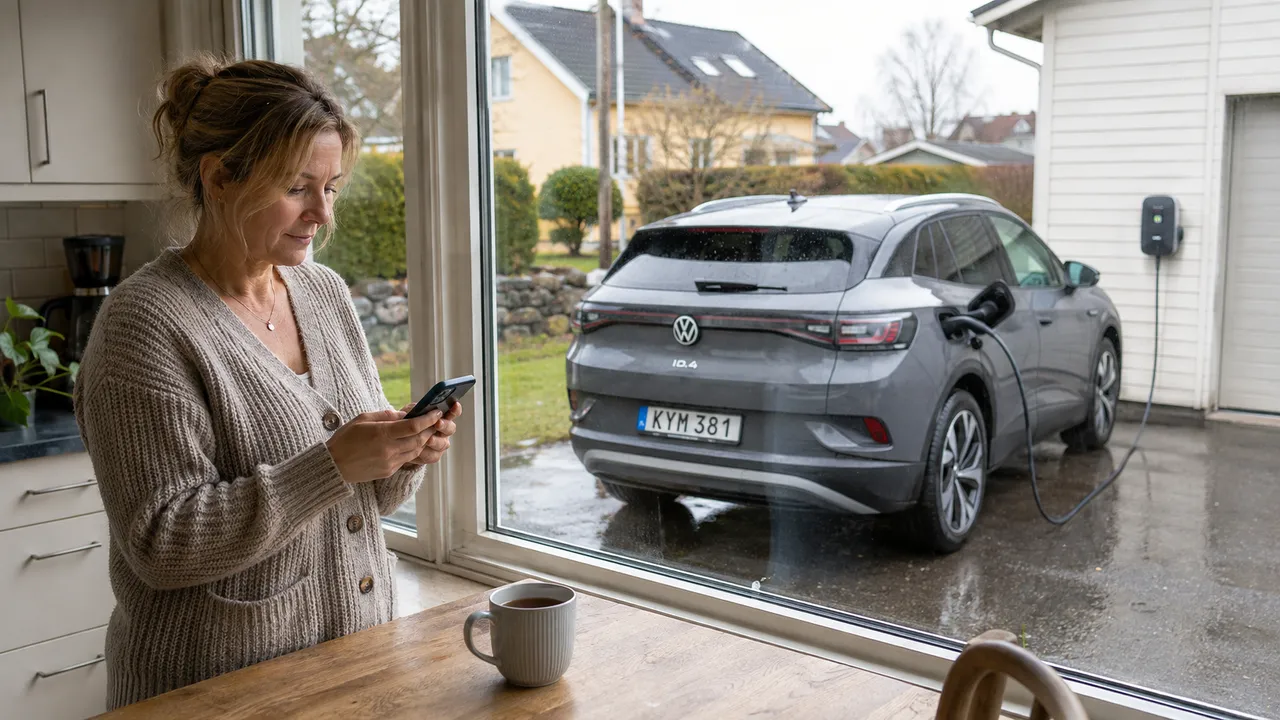 Villaägare kontrollerar laddningen i mobilen medan bilen står på uppfarten