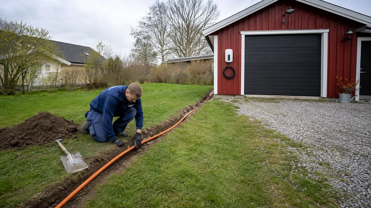 Kabeldike och skyddsrör mellan ett hus och ett fristående garage