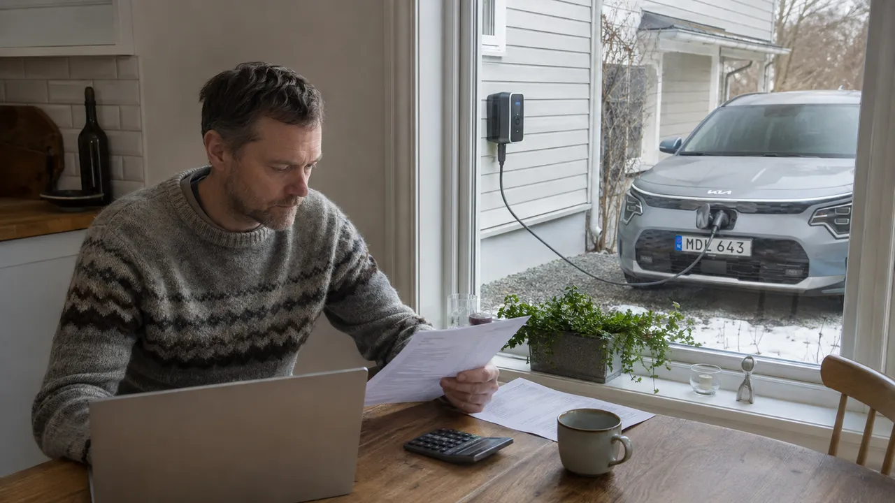 Villaägare räknar på elkostnaden med bilen på laddning utanför köksfönstret