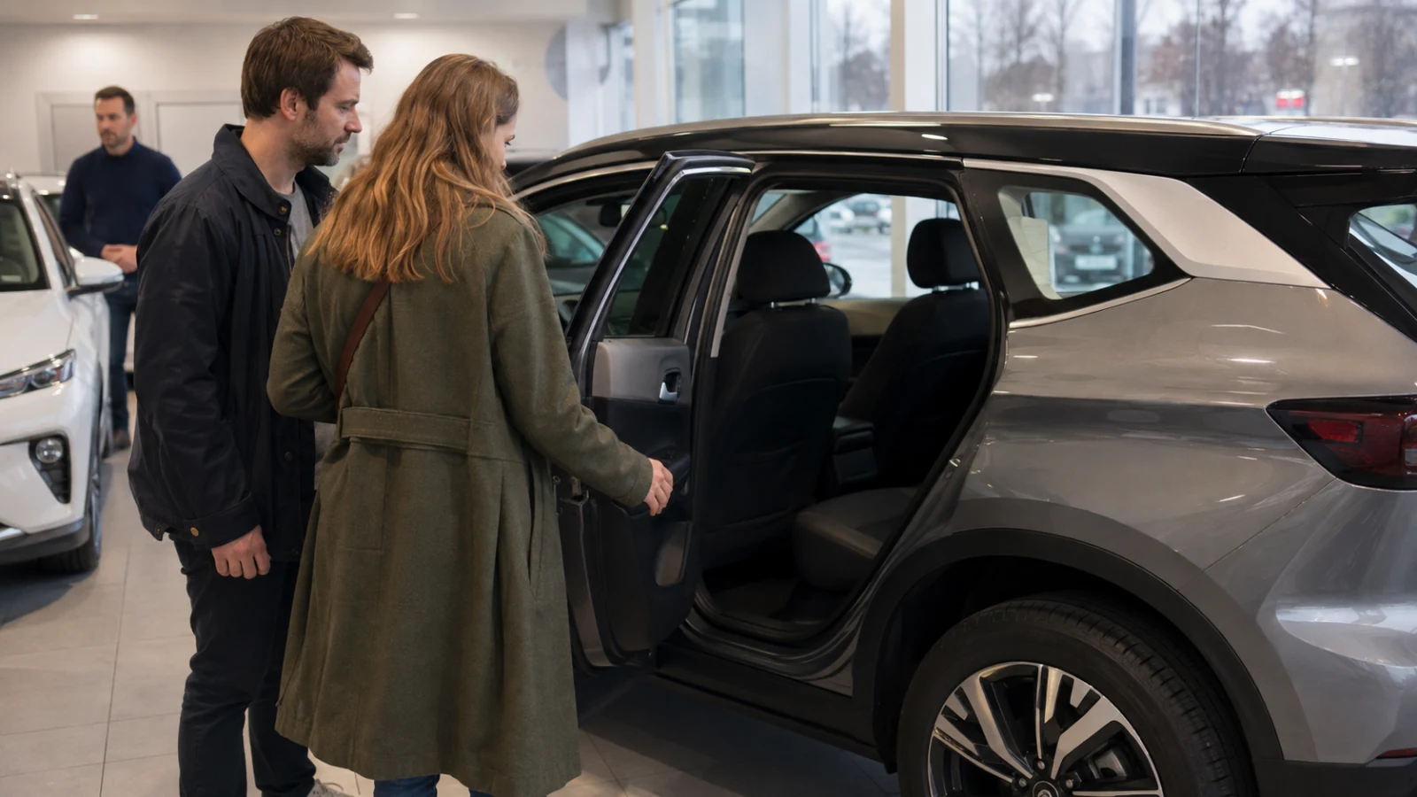 Par undersöker en elbil hos en svensk bilhandlare