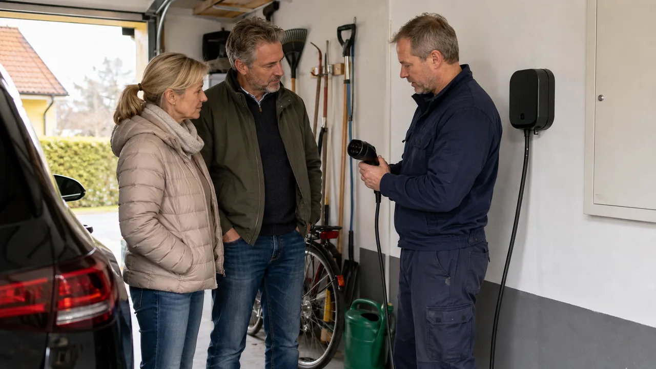 Elektriker visar en laddkontakt för två villaägare i deras garage