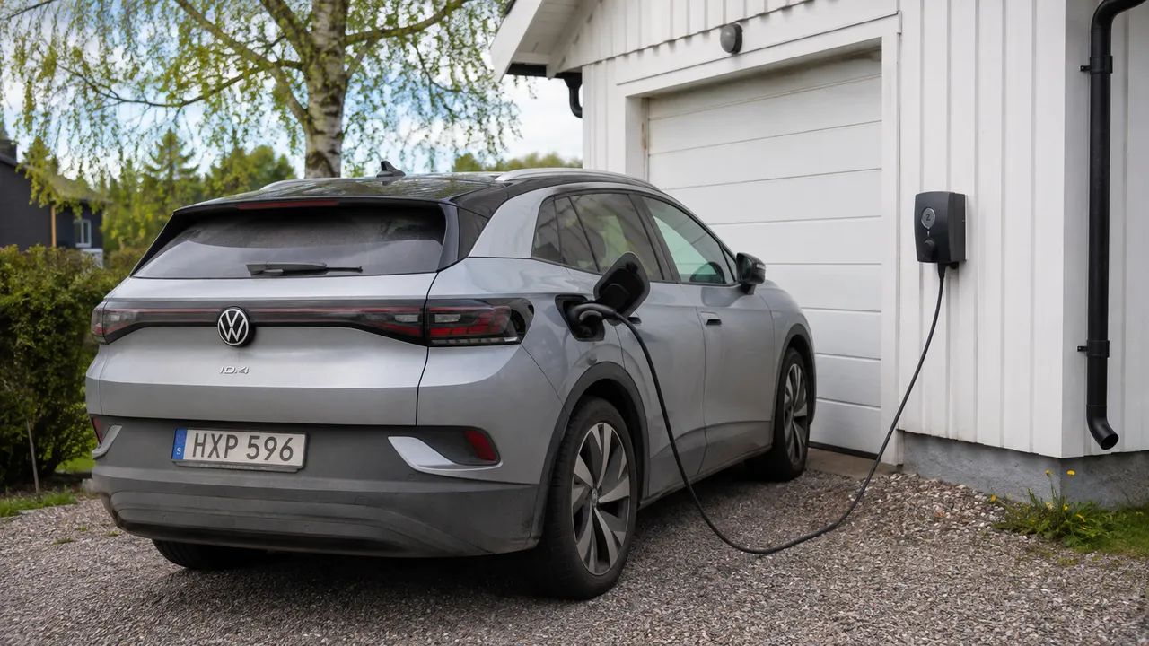 Silverfärgad Volkswagen ID.4 laddas vid ett vitt garage