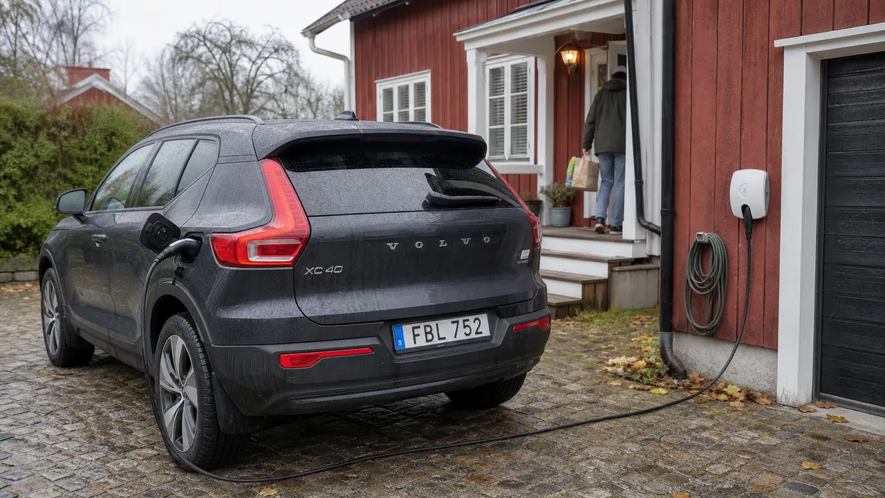 Grå Volvo XC40 Recharge laddas vid en röd villa