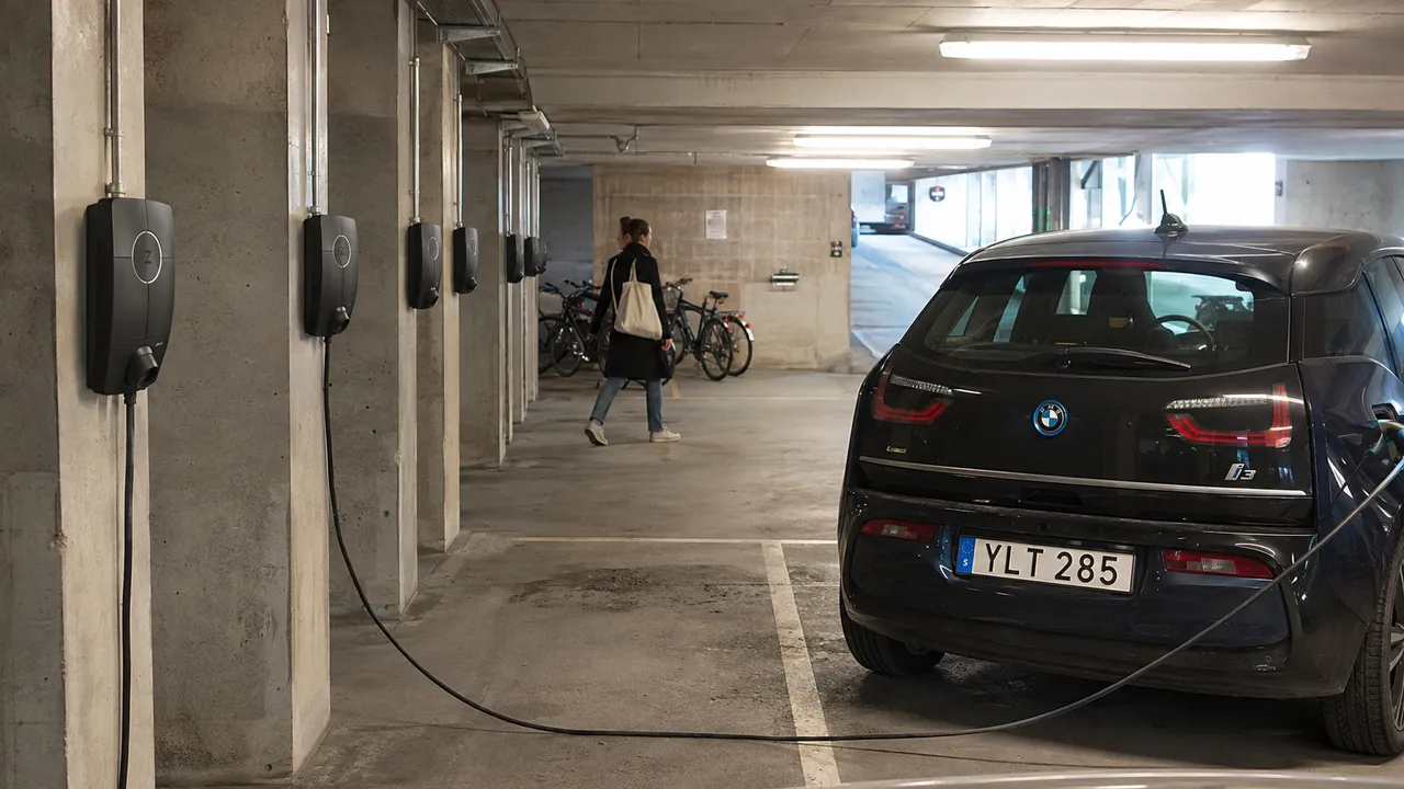 Laddboxar på betongpelare i ett bostadsgarage där en elbil laddas